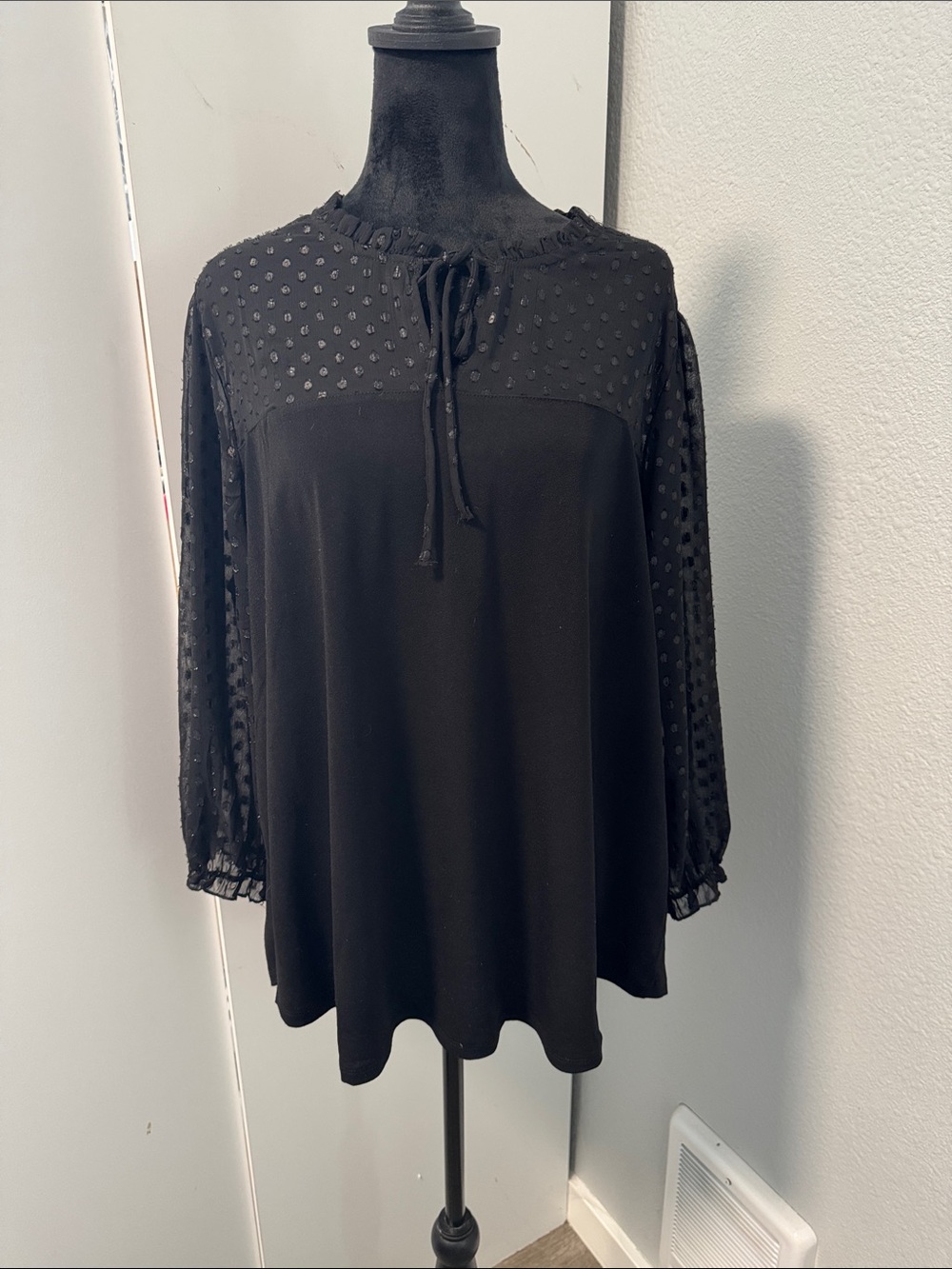 Women’s Black Swiss-Dot Tie-Neck Blouse